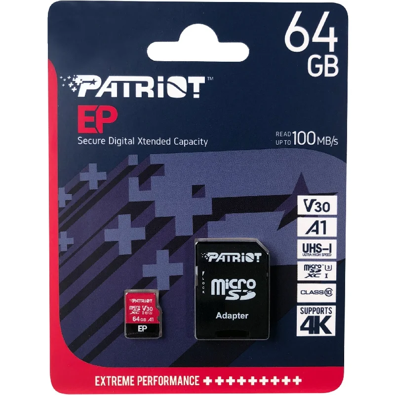 Patriot Memory PEF64GEP31MCX EP Series 64GB microSDXC V30 A1, 64GB Storage Capacity, Class 10/UHS-I (U3), 100 MB/s Read Speed, 80 MB/s Write Speed Patriot Memory PEF64GEP31MCX EP Series 64GB microSDXC V30 A1, 64GB Storage Capacity, Class 10/UHS-I (U3), 100 MB/s Read Speed, 80 MB/s Write Speed