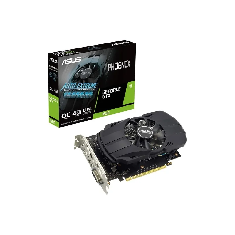 ASUS Phoenix GeForce GTX 1650, 4GB GDDR6 - Video card, PCI Express 3.0 - Graphics card, DVI, Display port, HDMI, HDCP Support (PH-GTX1650-O4GD6-P-EVO) ASUS Phoenix GeForce GTX 1650, 4GB GDDR6 - Video card, PCI Express 3.0 - Graphics card, DVI, Display port, HDMI, HDCP Support (PH-GTX1650-O4GD6-P-EVO)